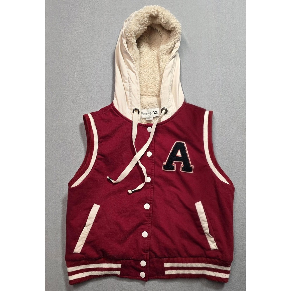 Forever 21 Vest Womens Large Burgundy Hooded Sherpa Lined Varsity Jacket A